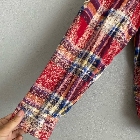 Old Navy Button Down Mens Size XL Plaid Red Bleached Long Sleeve Custom Unique - Picture 6 of 8